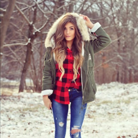 amourOC Jackets & Blazers - Hooded Faux Fur Sherpa Lined Parka Military Green